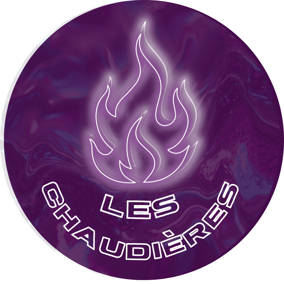 logo les chaudières: une flamme néon violette sur un fond de vagues violettes avec le nom en dessous en mode néon blanc